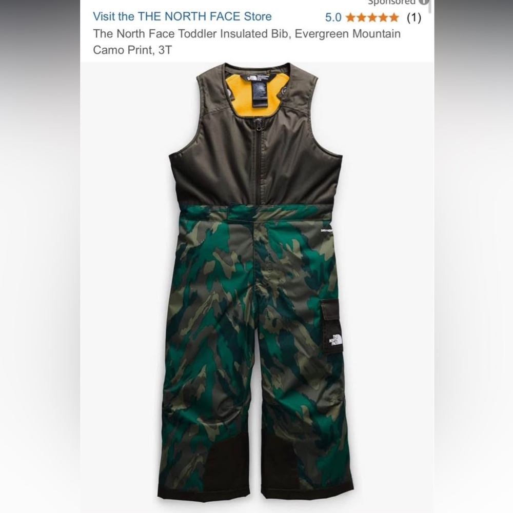 The North Face Toddler Insulated Bib in Green and Black, size 2T